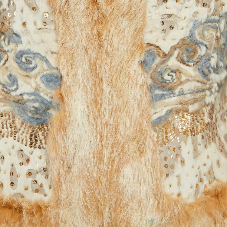 Pre Owned Bebe Beige Sequined Rabbit Fur Jacket L