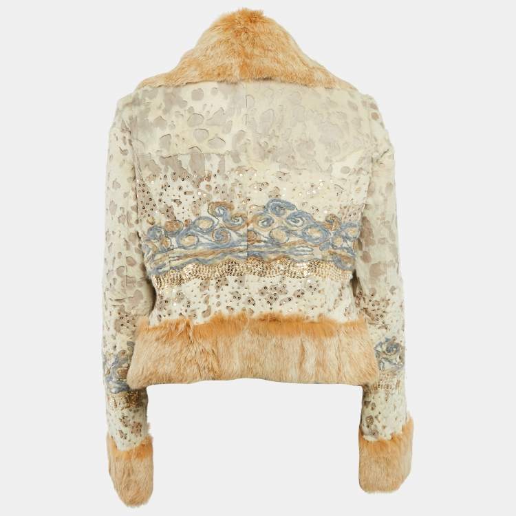 Pre Owned Bebe Beige Sequined Rabbit Fur Jacket L
