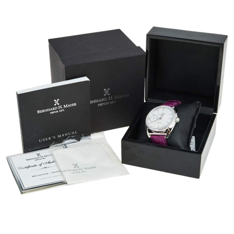 Pre Owned Bernhard H. Mayer Mother Of Pearl Stainless Steel Leather Mecanique-Diamond BH30/CW Women's Wristwatch 44 mm