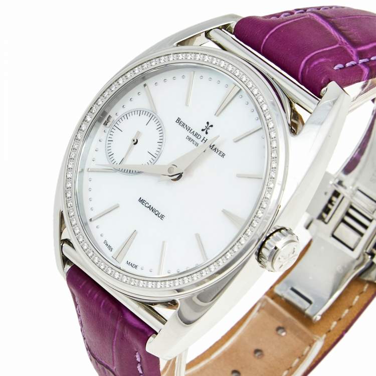 Pre Owned Bernhard H. Mayer Mother Of Pearl Stainless Steel Leather Mecanique-Diamond BH30/CW Women's Wristwatch 44 mm