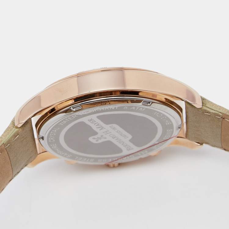 Pre Owned Bernhard H. Mayer Khaki Rose Gold PVD Plated Stainless Steel Leather Irish Chronograph Women's Wristwatch 38 mm