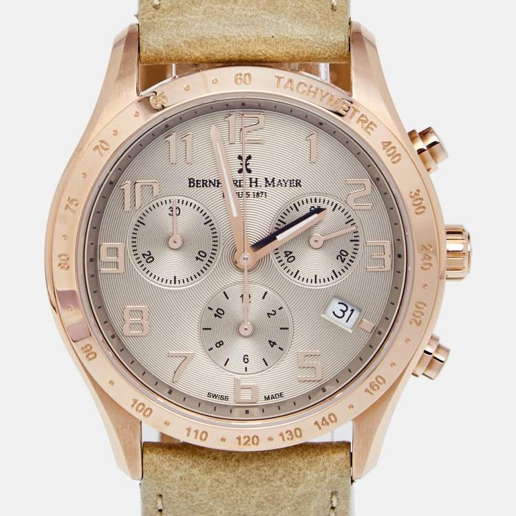 Pre Owned Bernhard H. Mayer Khaki Rose Gold PVD Plated Stainless Steel Leather Irish Chronograph Women's Wristwatch 38 mm
