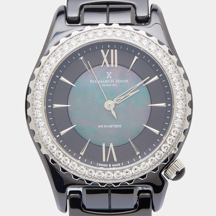 Pre Owned Bernhard H. Mayer Black Mother Of Pearl Black Ceramic Stainless Steel La Vida BH17/CW Women's Wristwatch 38 mm