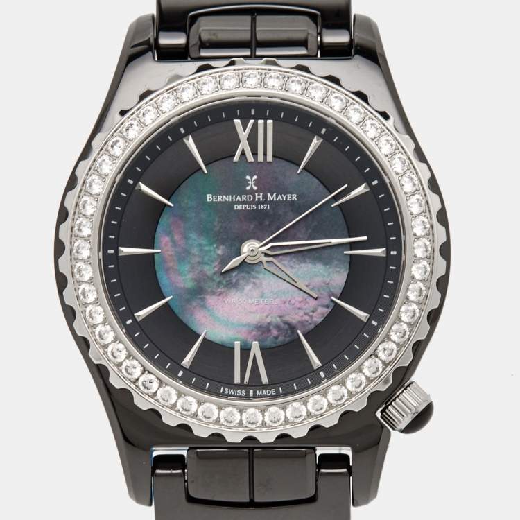 Pre Owned Bernhard H. Mayer Black Mother Of Pearl Black Ceramic Stainless Steel Circonias La Vida BH17P/CW Women's Wristwatch 38 mm