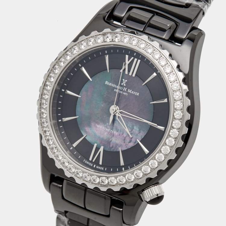 Pre Owned Bernhard H. Mayer Black Mother Of Pearl Black Ceramic Stainless Steel Circonias La Vida BH17P/CW Women's Wristwatch 38 mm
