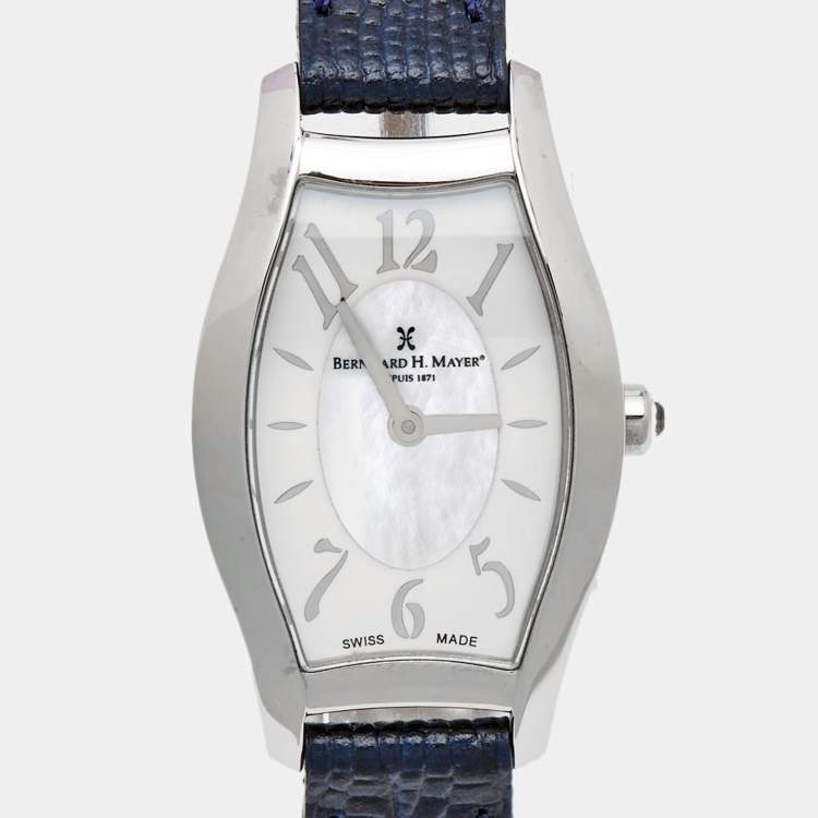 Pre Owned Bernhard H. Mayer Mother Of Pearl Stainless Steel Embossed Leather Serenade B3103 Women's Wristwatch 23 mm