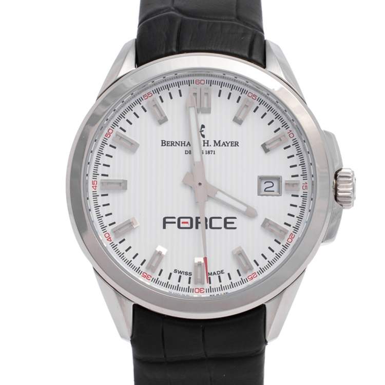 Pre Owned Bernhard H. Mayer White Stainless Steel Leather Force Quantum 41601.623.1 Women's Wristwatch 35 mm