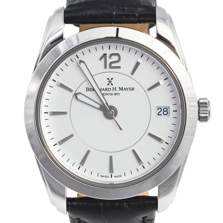 Pre Owned Bernhard H. Mayer White Stainless Steel Leather Stella B2493/CW Women's Wristwatch 34 mm