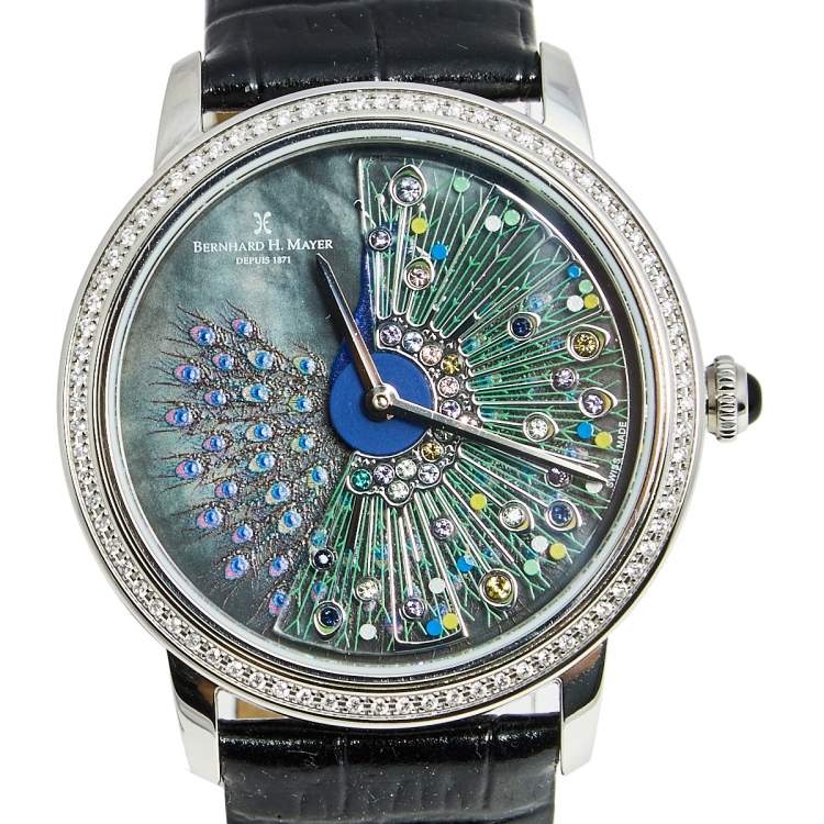 Pre Owned Bernhard H.Mayer Multicolor Stainess Steel Leather Diamond Peacock BH26/CW Women's Wristwatch 38 mm