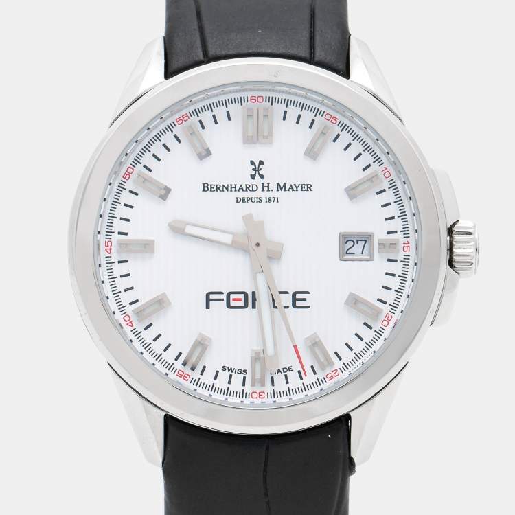 Pre Owned Bernhard H. Mayer White Stainless Steel Leather Force Quantum 41601.623.1 Women's Wristwatch 35 mm