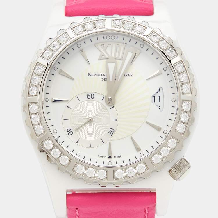 مملوكة مسبقًا Bernhard H. Mayer White Ceramic Leather La Vida Ceramic B2416/CW Women's Wristwatch 38 mm
