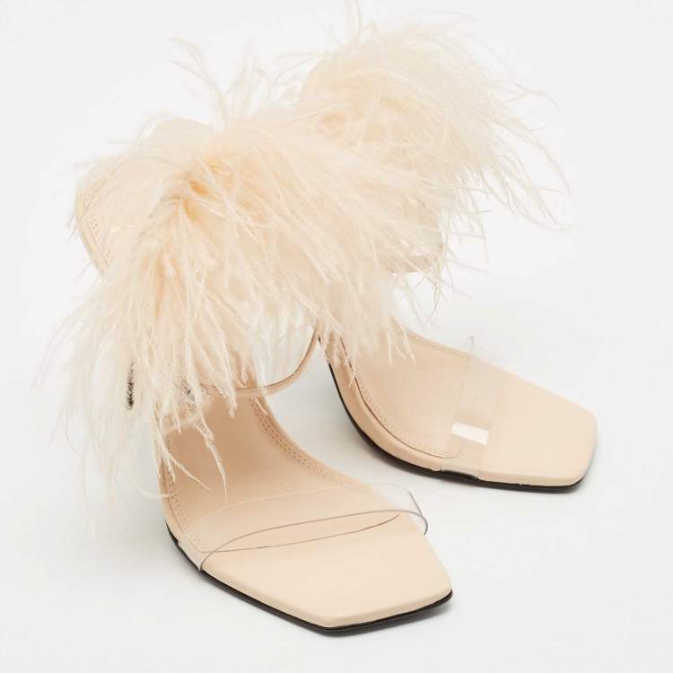 Pre Owned Black Suede Studio X Caroline Stanbury Beige Feather and Leather Slide Sandals Size 38