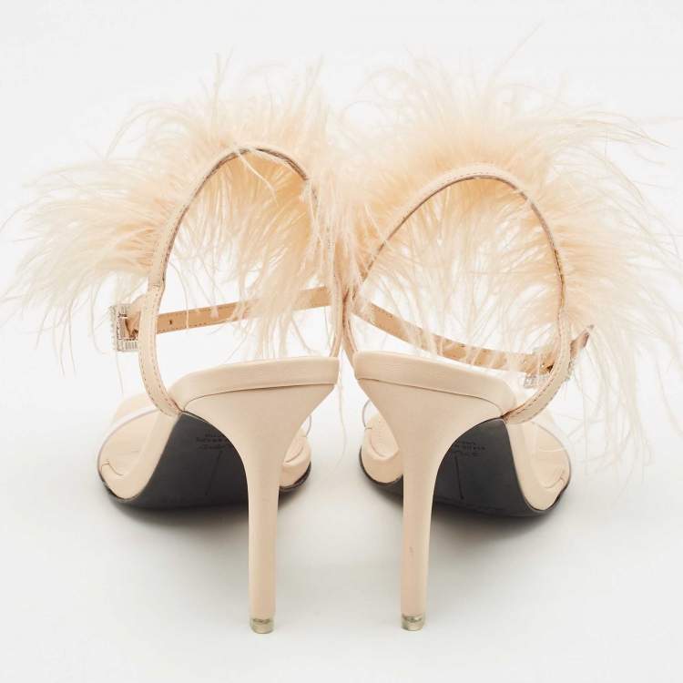 Pre Owned Black Suede Studio X Caroline Stanbury Beige Feather and Leather Slide Sandals Size 38