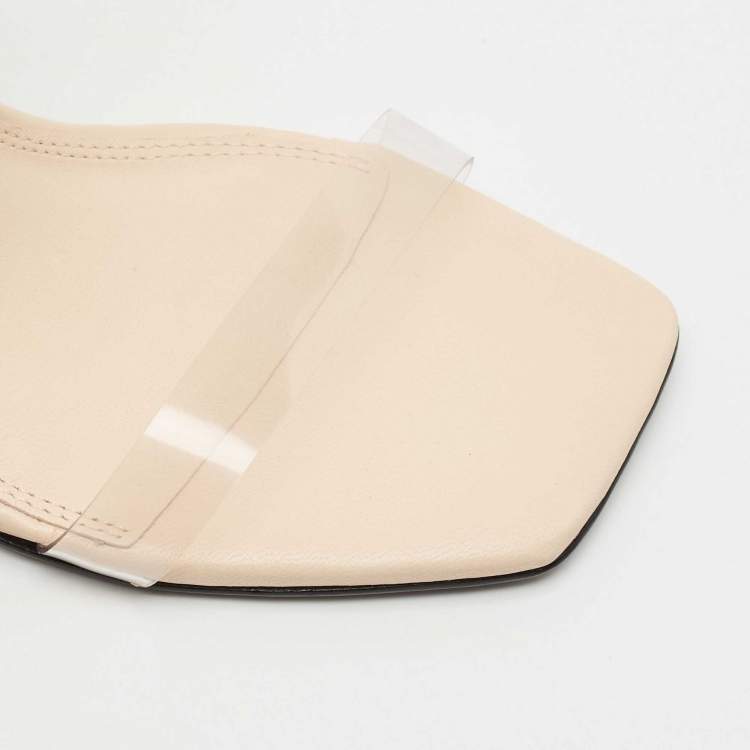 Pre Owned Black Suede Studio X Caroline Stanbury Beige Feather and Leather Slide Sandals Size 38