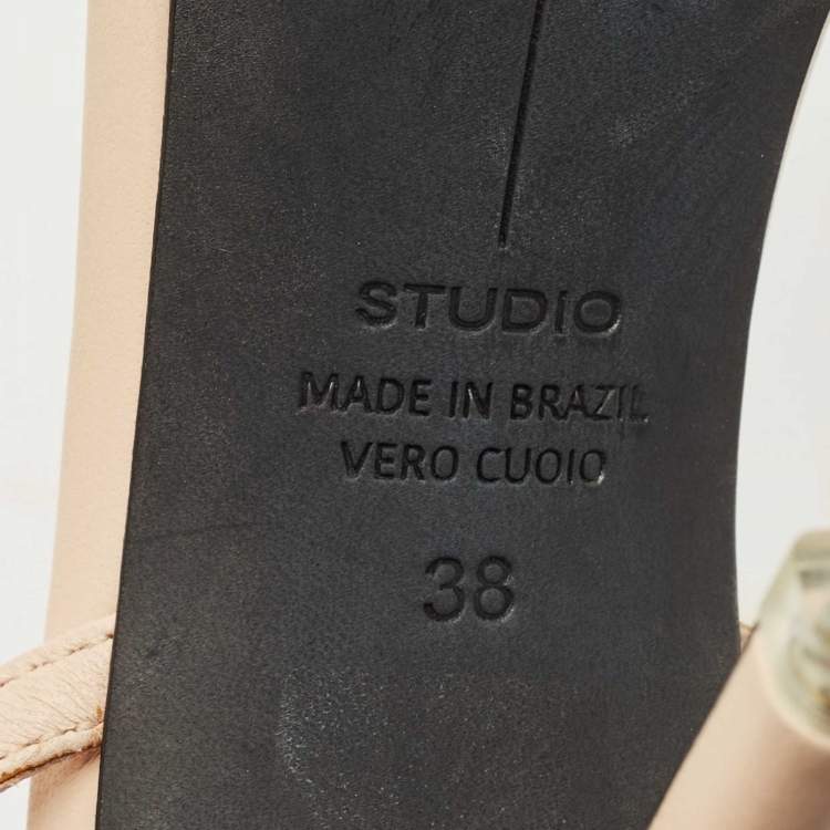 Pre Owned Black Suede Studio X Caroline Stanbury Beige Feather and Leather Slide Sandals Size 38