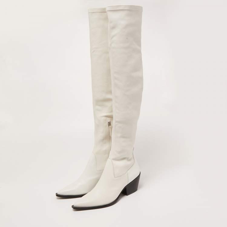 Pre Owned Black Suede Studio x Caroline Stanbury White Leather Knee Length Boots Size 38