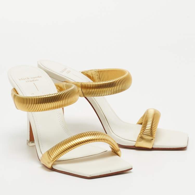 Pre Owned Black Suede Studio x Caroline Stanbury White/Gold Leather Slides Size 38   