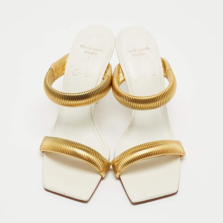 Pre Owned Black Suede Studio x Caroline Stanbury White/Gold Leather Slides Size 38   