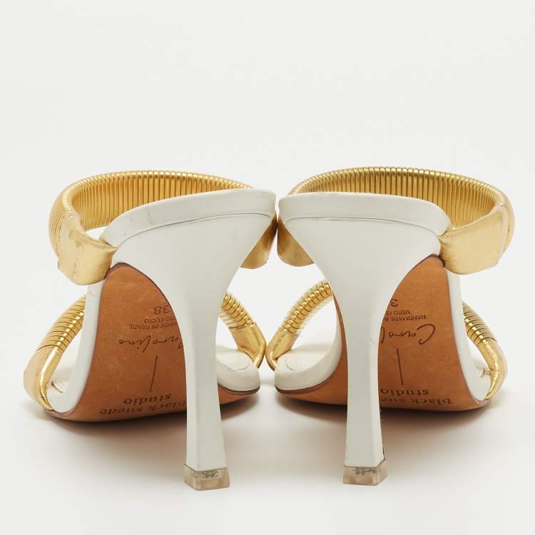 Pre Owned Black Suede Studio x Caroline Stanbury White/Gold Leather Slides Size 38   