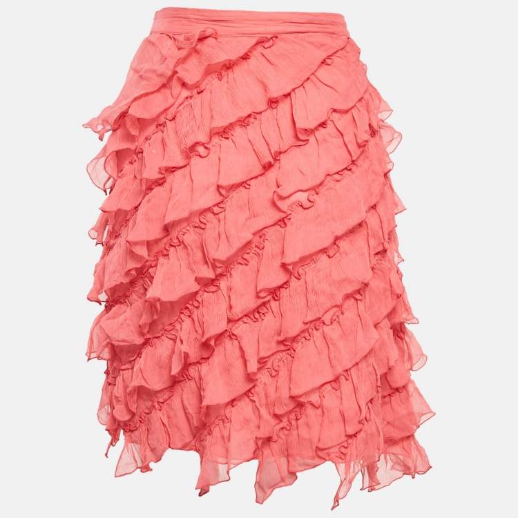Pre Owned Blugirl Blumarine Pink Ruffled Chiffon Silk Pencil Skirt M