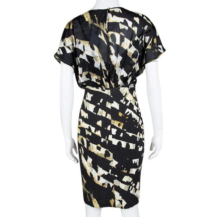 Pre Owned Blumarine Black Printed Overlay Short Sleeve Dress S
