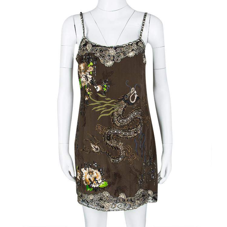 مملوكة مسبقًا Blumarine Brown Dragon Embroidered Embellished Sleeveless Silk Tunic M