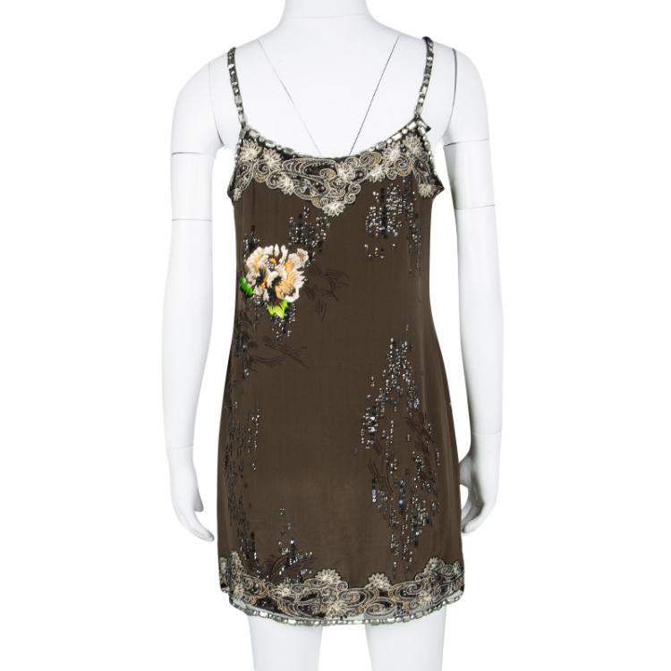 مملوكة مسبقًا Blumarine Brown Dragon Embroidered Embellished Sleeveless Silk Tunic M