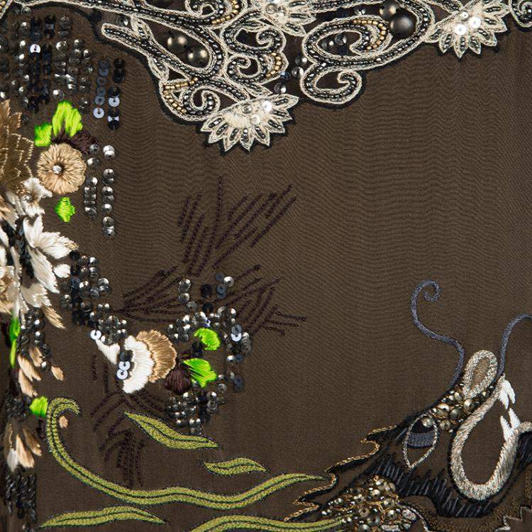 مملوكة مسبقًا Blumarine Brown Dragon Embroidered Embellished Sleeveless Silk Tunic M