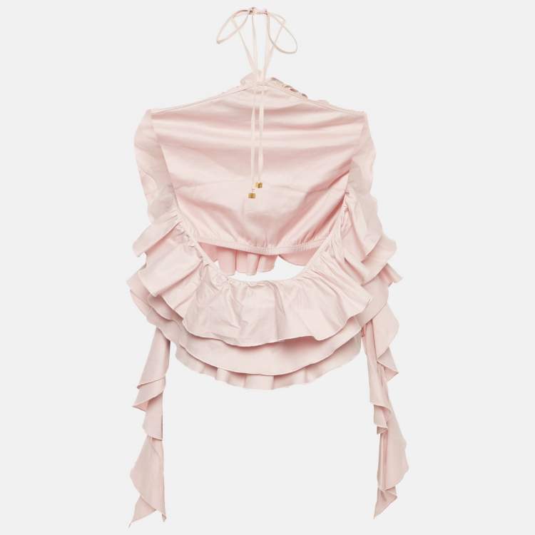Pre Owned Blumarine Pink Cotton Halter Neck Ruffled Rose Detail Crop Top L 
