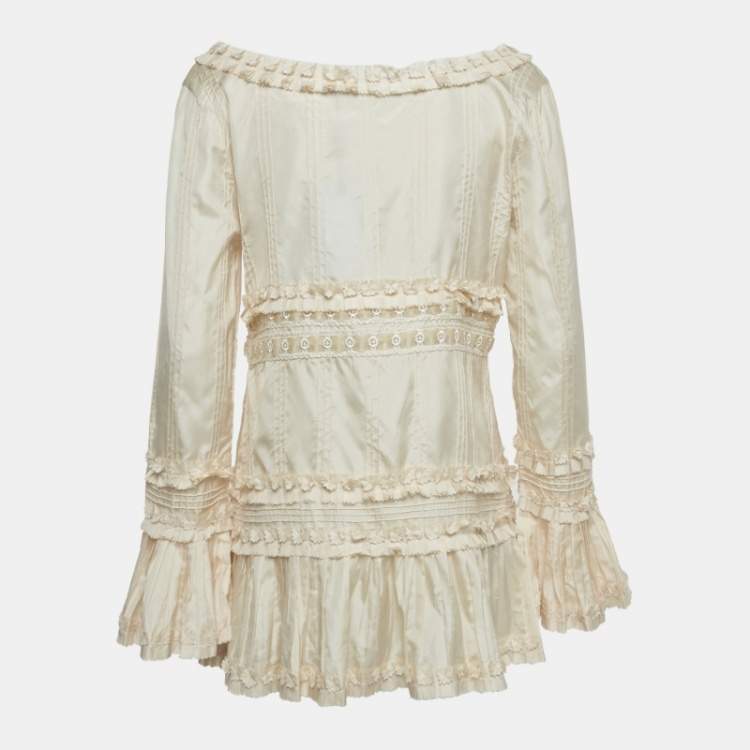 Pre Owned بلوزة بلومارين حرير مزينة بكشكشة تفاصيل كريمي كبيرة