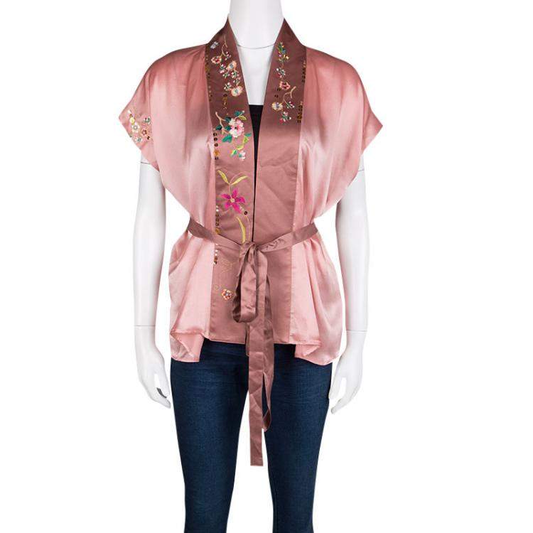 Pre Owned Blumarine Pink Satin Embroidered Contrast Trim Wrap Top L