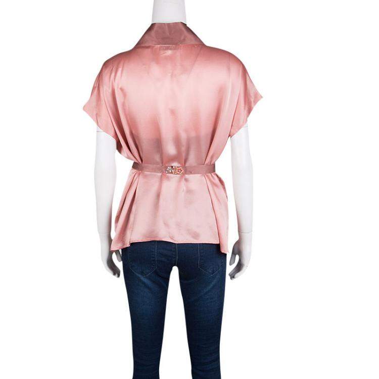 Pre Owned Blumarine Pink Satin Embroidered Contrast Trim Wrap Top L