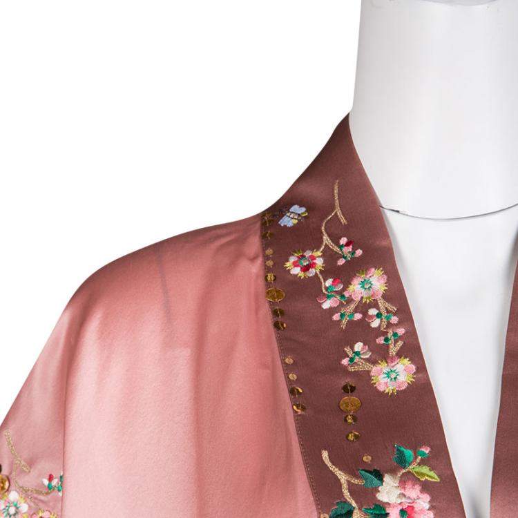 Pre Owned Blumarine Pink Satin Embroidered Contrast Trim Wrap Top L
