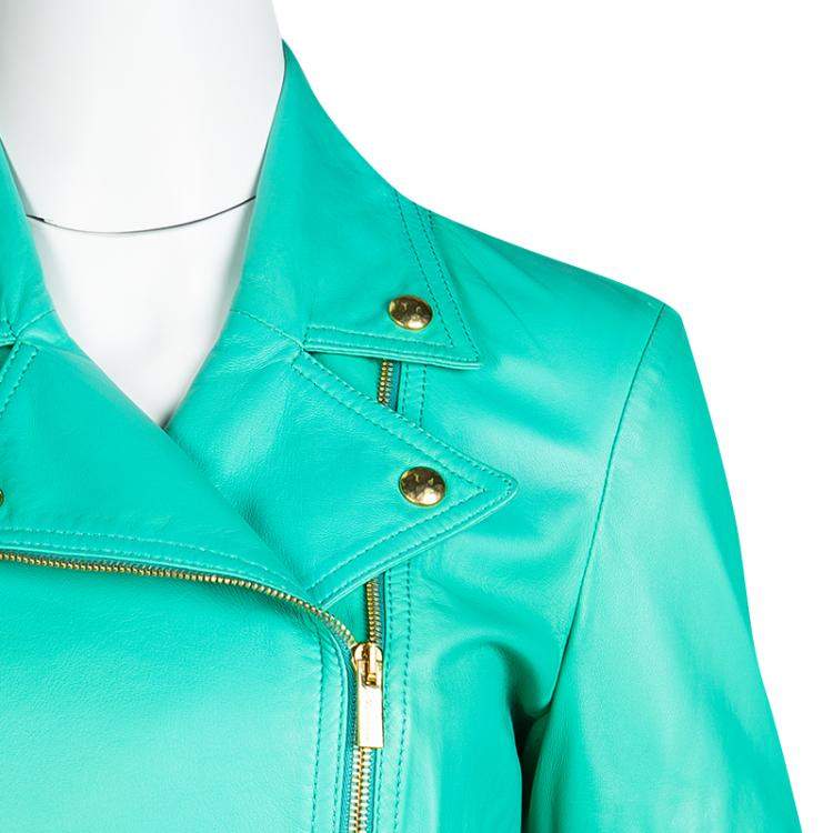 Pre Owned Blumarine Green Lamb Leather Zip Front Jacket M