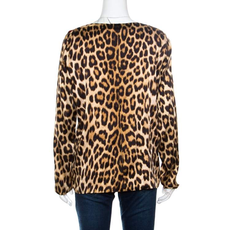 Pre Owned Blumarine Brown Leopard Printed Silk Cutout Detail Embellished Contrast Lined Blouse L