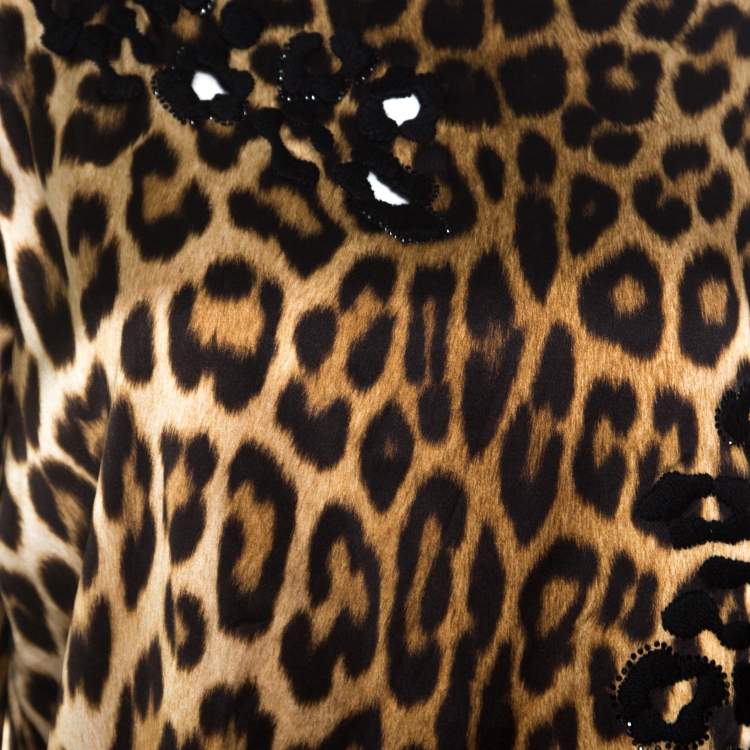 Pre Owned Blumarine Brown Leopard Printed Silk Cutout Detail Embellished Contrast Lined Blouse L
