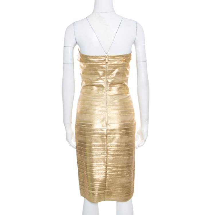 Pre Owned Blumarine Metallic Gold Foil Printed Textured Strapless Bodycon Dress M