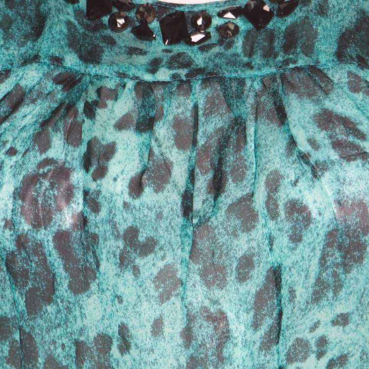 Pre Owned Blumarine Blue and Black Animal Printed Silk Embellished Neck Blouse M