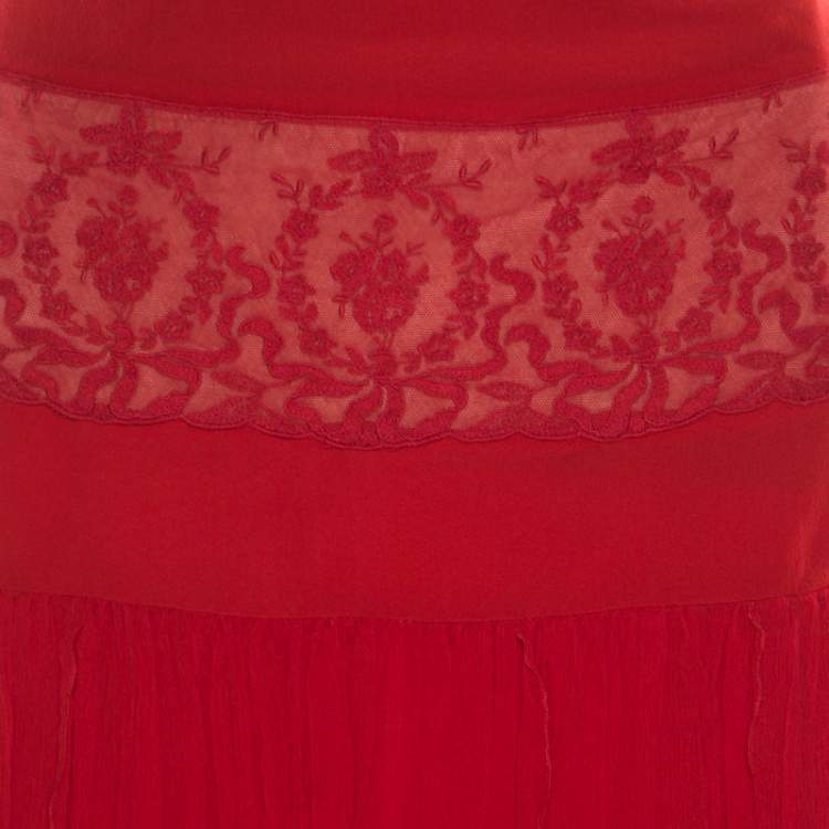 Pre Owned Blumarine Red Floral Lace Insert Crinkled Silk Skirt S