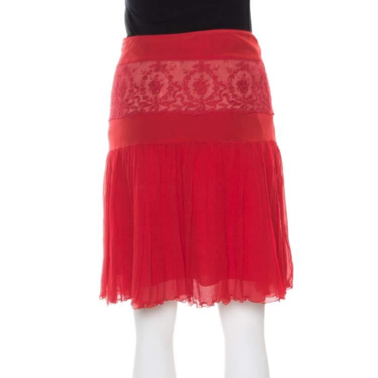 Pre Owned Blumarine Red Floral Lace Insert Crinkled Silk Skirt S