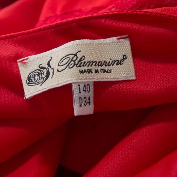 Pre Owned Blumarine Red Floral Lace Insert Crinkled Silk Skirt S