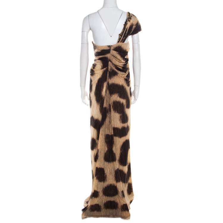 Pre Owned Blumarine Brown Animal Printed Embellished Ruched One Shoulder Dress M