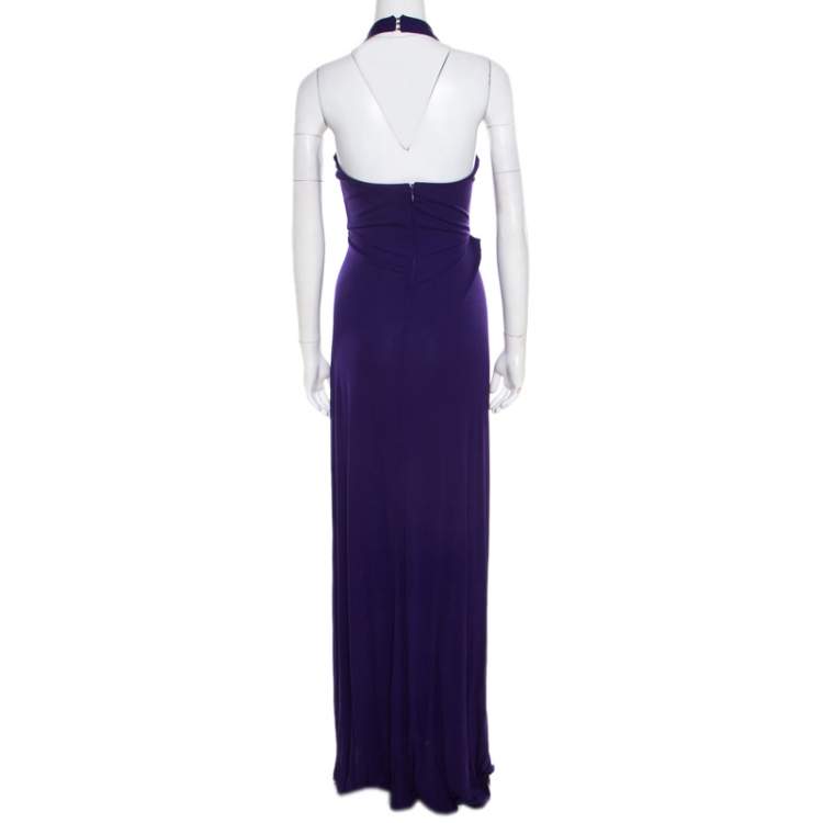 Pre Owned Blumarine Purple Embellished Draped Halter Gown S