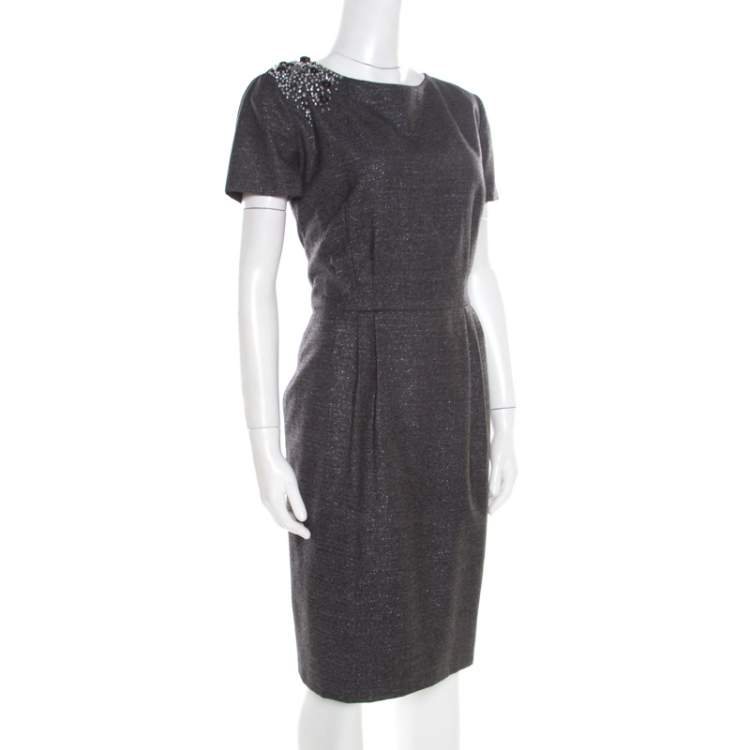 Pre Owned Blumarine Metallic Grey Embellished Shoulder Detail Dress M