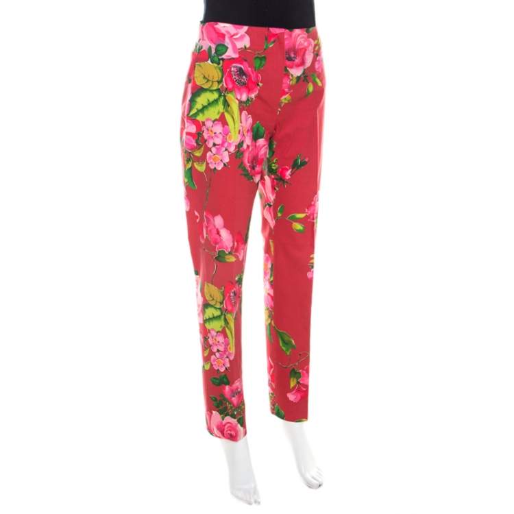 Pre Owned Blumarine Red Floral Print Cotton Straight Fit Trousers M