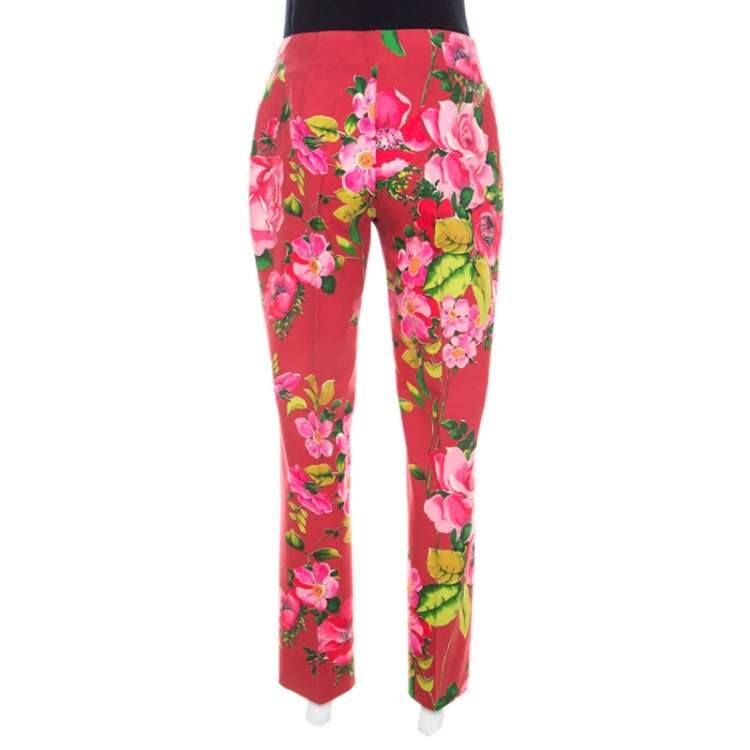 Pre Owned Blumarine Red Floral Print Cotton Straight Fit Trousers M