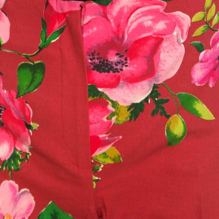 Pre Owned Blumarine Red Floral Print Cotton Straight Fit Trousers M