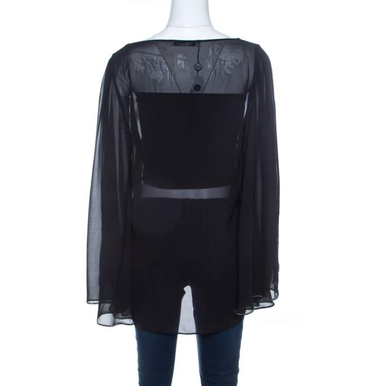 Pre Owned Blumarine Sheer Black Crepe Beaded Trim Cape Sleeve Blouse L