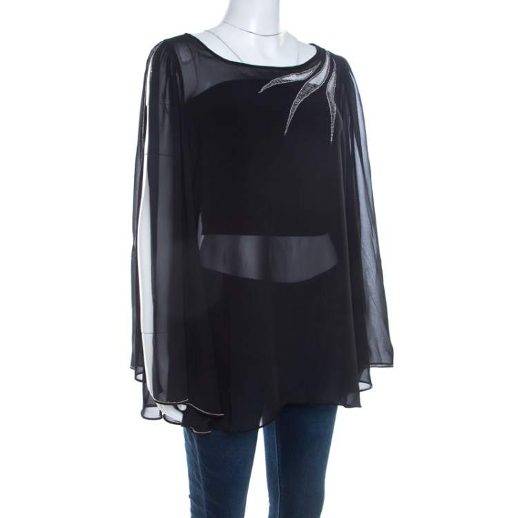 Pre Owned Blumarine Sheer Black Crepe Beaded Trim Cape Sleeve Blouse L