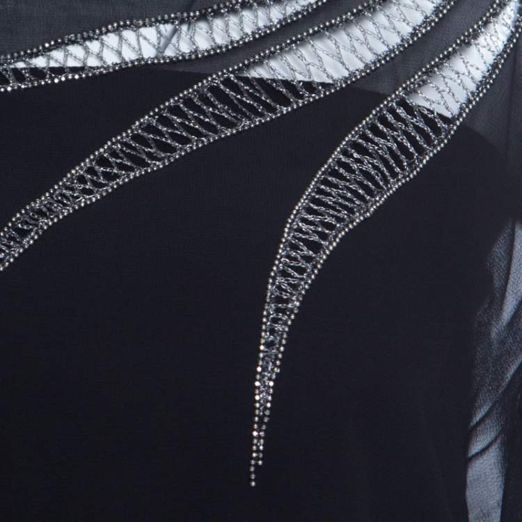 Pre Owned Blumarine Sheer Black Crepe Beaded Trim Cape Sleeve Blouse L